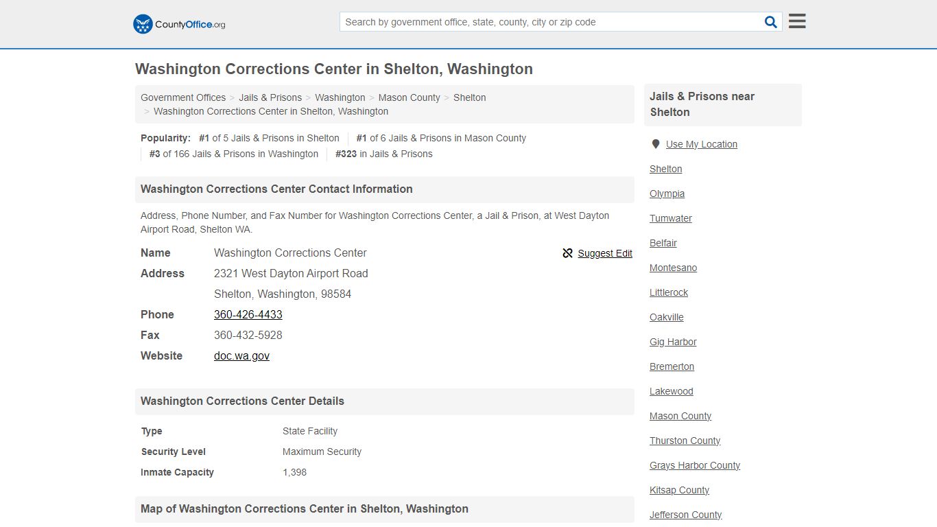 Washington Corrections Center - Shelton, WA (Address, Phone, and Fax)